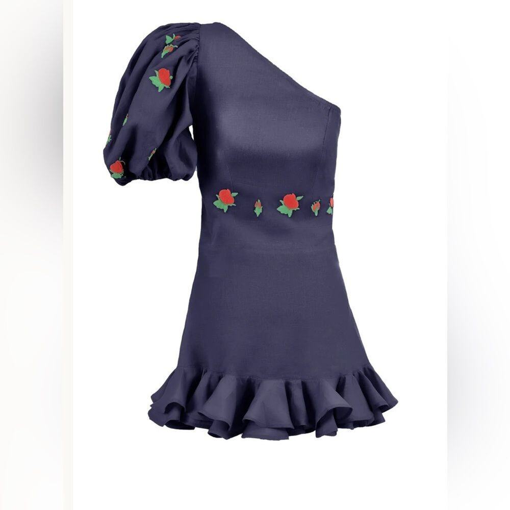 Fanm Mon $250 Flame Mini Linen One Sleeve Ruffle Hem Floral Embroidery Dress L
